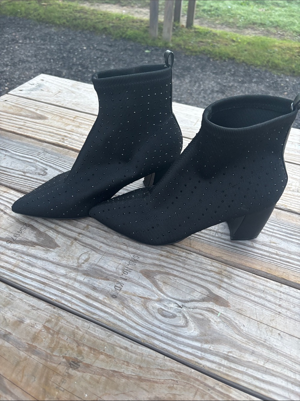 Black Rhinestone Stretch Sock Ankle Booties - Women